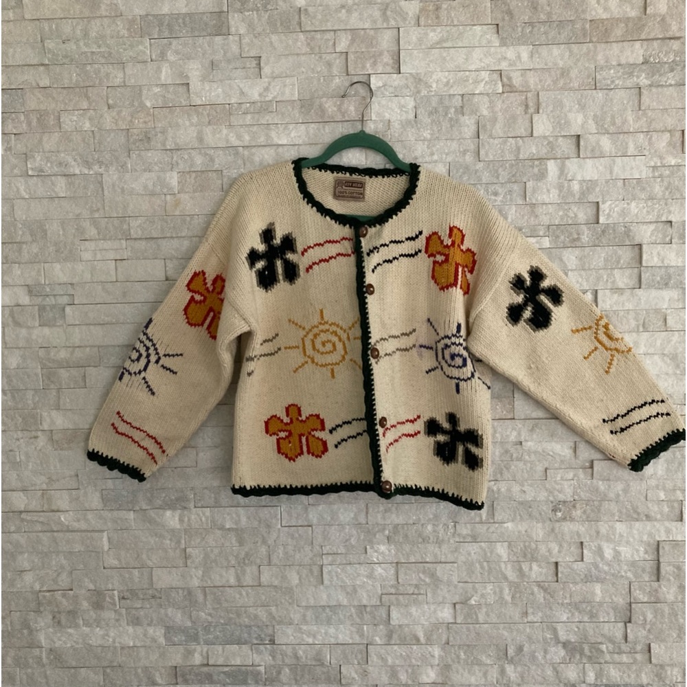 💚❤️Bolivian made heavy cotton jacket/ cardigan. Wood buttons. Graphic. Boho